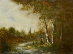 Late 19th Century, A traveller standing beneath trees by a stream, oil on canvas, 13