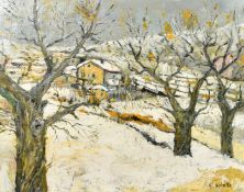 E. Valette (20th Century), A snowy Winter scene of three bare trees and a small hamlet of houses,
