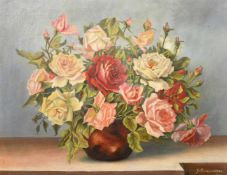 G. Picard-Aubry (20th Century), A still life of mixed roses in a brown bowl, oil on canvas, signed