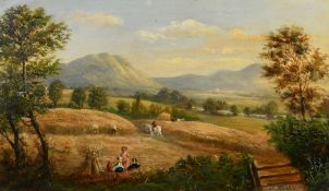 D. Morris, 19th Century English School, a harvesting scene with figures in the foreground, oil on