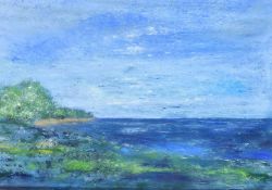 Antoine Vit (born 1959) French, A coastal inlet with trees and a sandy beach, mixed media, signed,