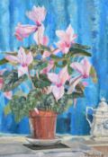 N. Bridger, A still life of pink Cyclamen in a pot, oil on canvas board, signed and dated '81, 10.