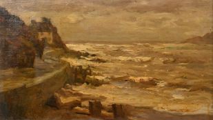 Paul Paul (1865-1937), 'Runswick Bay', figure and a house on an inlet, oil on board, signed, 9.5