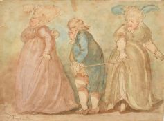 T. Rowlandson, Circa 1800, a humorous study of a gentleman and two ladies, watercolour, signed, 8.
