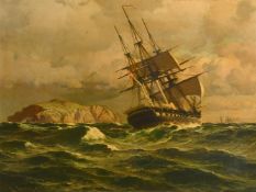 Lauritz Bernhard Holst (1848-1934) Danish, 'Off Tory Island', a Danish warship rounding a