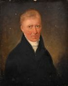 English School, Mid-19th Century, a half length portrait of a gentleman, oil on panel, 9.5