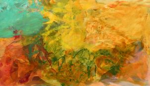 Modern British, An abstract coastal view, oil on canvas stretched on board, 14.25