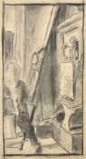 British School, circa 1930, an artist's studio, charcoal, indistinctly signed with initials 18.5