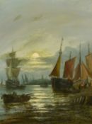 Attributed to Thornley, a pair of busy harbour views, figures unloading the catch under moonlight