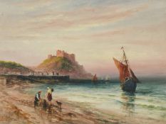 Sarah Louisa Kilpack (1839-1909) British, The Jersey Coast with figures and a dog on the shore and