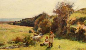 John White (19th Century) 'The big one', a young boy fishing in a stream with a young girl sitting