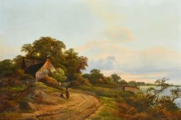 Attributed to Walter Williams (19th Century), figures on a path by a riverside cottage, oil on