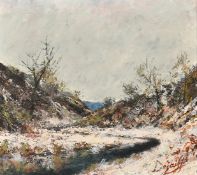 20th Century, a small stream meandering through a hilly landscape, indistinctly signed, oil on