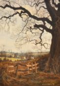 Edward Stamp (20th Century) British, March landscape, a view from a wooden fence to a farm beyond