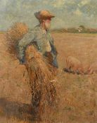 Paul Paul (1865-1937), a scene of a harvester in an open field with pigs feeding nearby, oil on