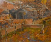 Gilbert, 20th Century, Children swimming in a river alongside a factory, oil on board, signed, 24
