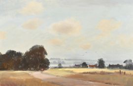 Marcus Ford (1914-1989), figures on a country road approaching dwellings and a lake, oil on