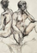 A nude study of a man and woman, charcoal and wash, indistinctly signed in pencil, 32.5