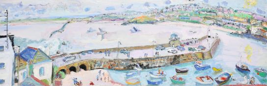 Linda Weir (b. 1951), boats in a harbour is St. Ives, oil on canvas, signed with initials, 15.75