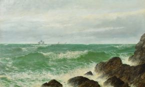 David James (1853-1904) British, waves breaking over rocks with distant ships on the horizon, oil on