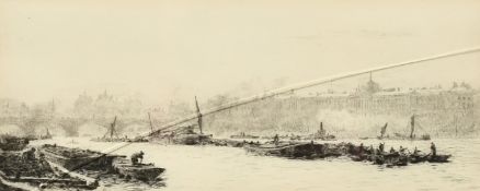 William Lionel Wyllie (1851-1931) British, a view of barges moored on the Thames, etching, signed in