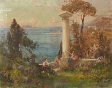 David Hewitt (late 19th Century), figures resting in temple ruins overlooking a bay, oil on