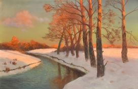 Daniel Sherrin (19th/20th Century), 'Lone Sentinels' a tree lined river landscape at dusk, oil on
