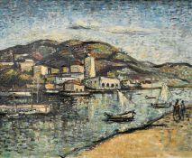 Attributed to Michael D' Aguilar (20th Century) A coastal town nestled beneath hills with sailing