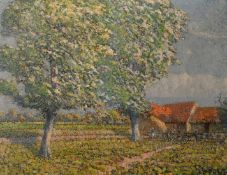 Paul Paul (1865-1937), figures in a field beneath blossoming trees, oil on canvas, 14