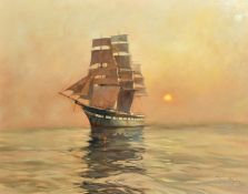 James Brereton (b. 1954), a ship at dusk in calm waters, oil on canvas laid down, signed, 30