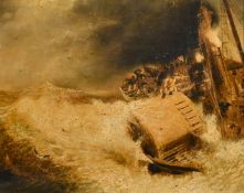 Late 19th Century, figures on a stricken paddle steamer, oil on board, possibly over a print base,