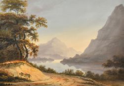 Circle of John Varley, A mountain lake scene, watercolour, 9.75