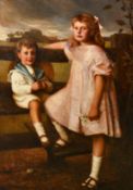 Early 19th Century, A full length portrait of a young boy sitting on a stile with a young girl
