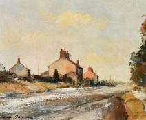 Ian Houston, (20th Century) British, 'First snow at Docking', oil on board, signed, artists label