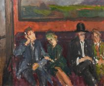 Circle of Ruskin Spear, An interior scene of two couples sitting on a settle, oil on board, 19.75