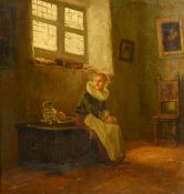 Dutch School, Circa 1900, An interior scene with a young lady seated on a wooden coffer next to a
