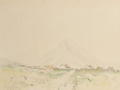 G.W ......... Williams, 'Slieve More, Achill', a group of crofters cottages and two figures on a