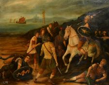 19th Century, Soldiers on horses and Vikings fighting on a beach with Viking boats out to sea, oil