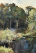 20th Century, A pond in a clearing at the edge of a forest, mixed media on canvas, 20