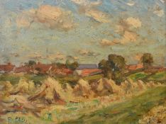 Paul Paul (1865-1937), hay stooks with farm buildings beyond, oil on board, signed, 9