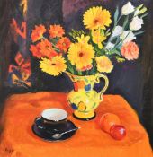 Norman Edgar (born 1948), 'Flowers in an Art Deco jug', oil on canvas, signed, labels verso, 20