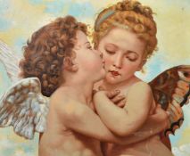 Second half of the 20th Century, The kiss, two cherubs in embrace, oil on canvas laid on board, 19.