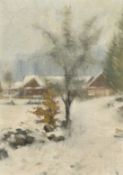 Scandinavian School (20th Century), A dwelling in a snowy landscape, oil on canvas, inscribed