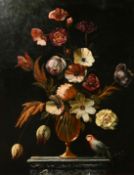 A still life of mixed flowers with an exotic bird, oil on panel in the 17th Century style, 24