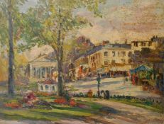 Georgina Anderson (1867-1951), Classical buildings in a tree lined road, oil on board, old label
