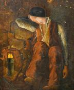 Circle of Ashington Group, A scene of a resting miner and his lamp underground, oil on canvas,
