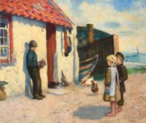 Jeannie Morrison Rose (exhibited 1890-1905), children watching a figure playing a squeezebox by a