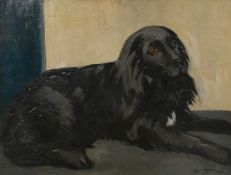 Sydney Merrills (20th Century) A portrait of a long-haired black dog, oil on canvas, signed,