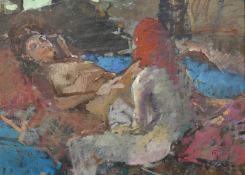 Circle of Tom Coates, a study of two female nudes, oil on board, signed with initials MJ, 12