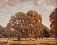John Brown (20th Century), Trees in a landscape and a view of a church, oils on board, both